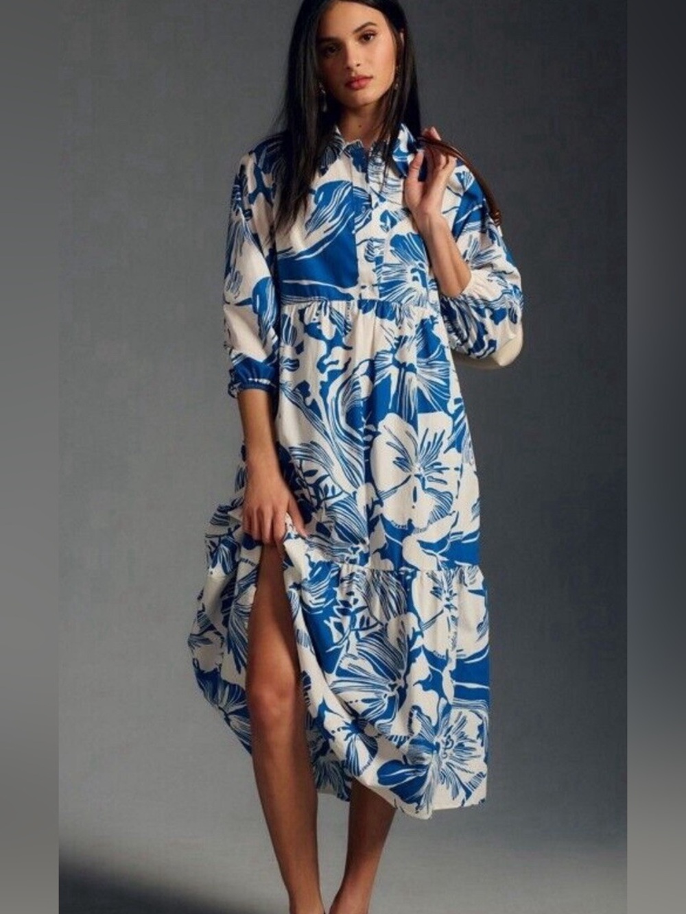 Anthropologie Blue and White Floral Tiered Maxi Dress